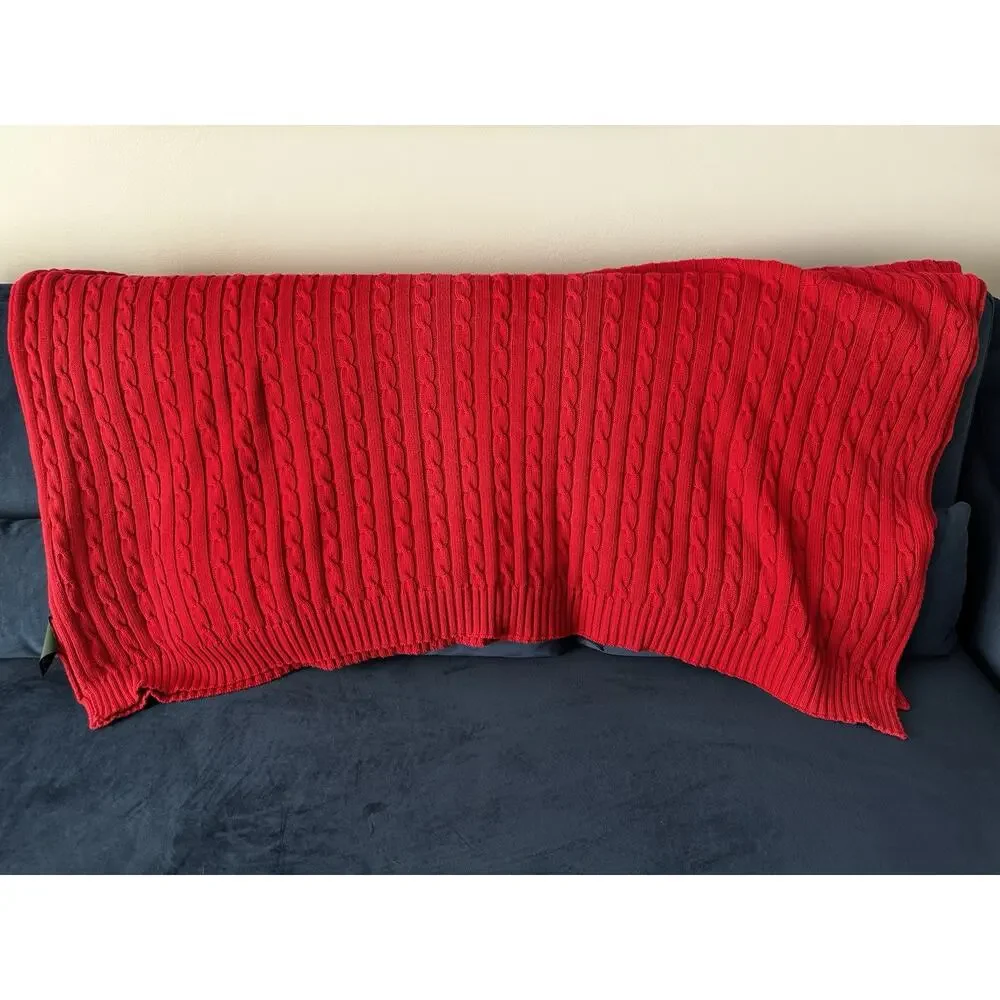 Ralph Lauren Jamie Cable Knit Throw Blanket 50x70 Red Soft Cozy